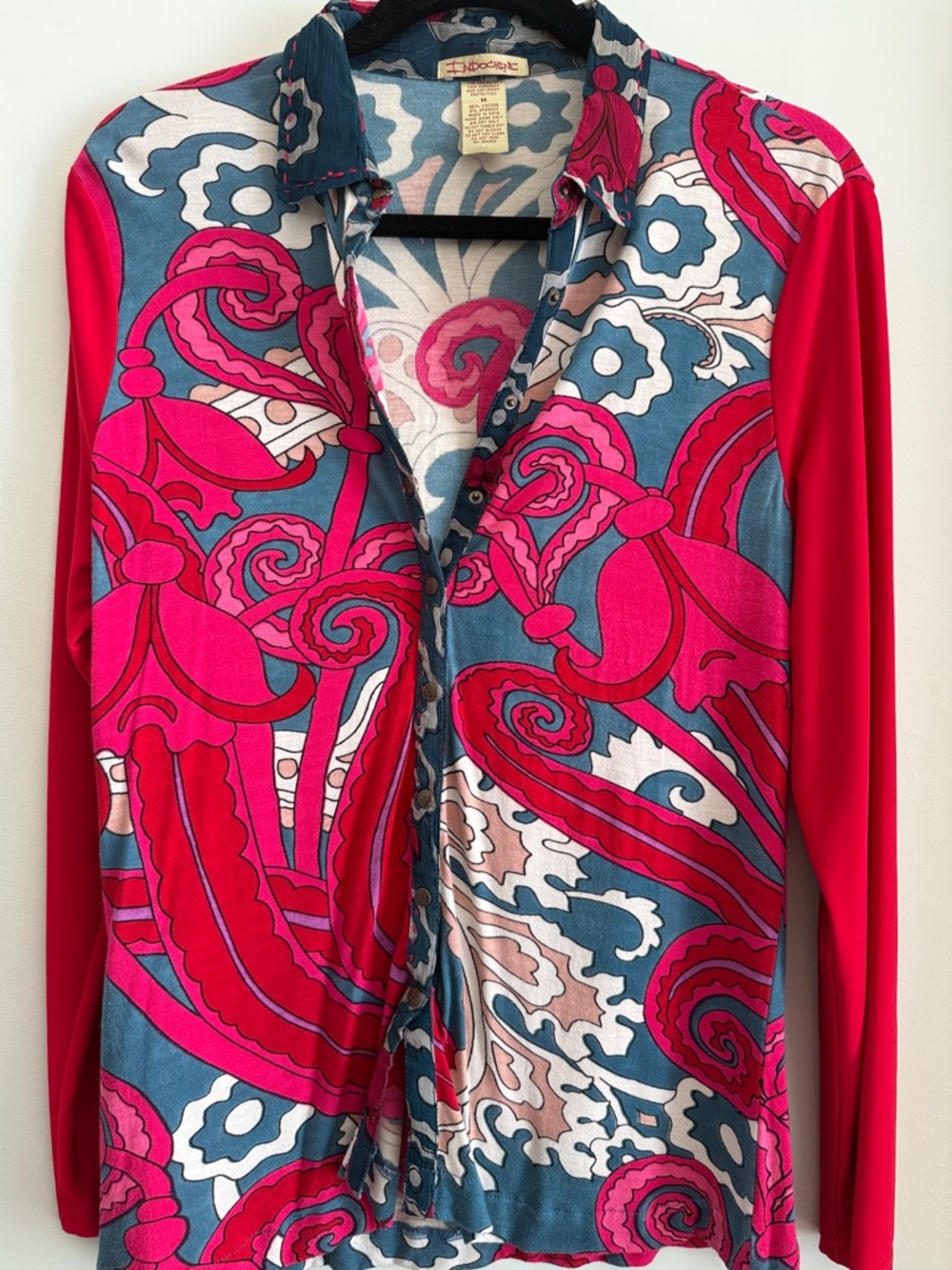 Bold Pink & Blue Patterned Button-Up Top